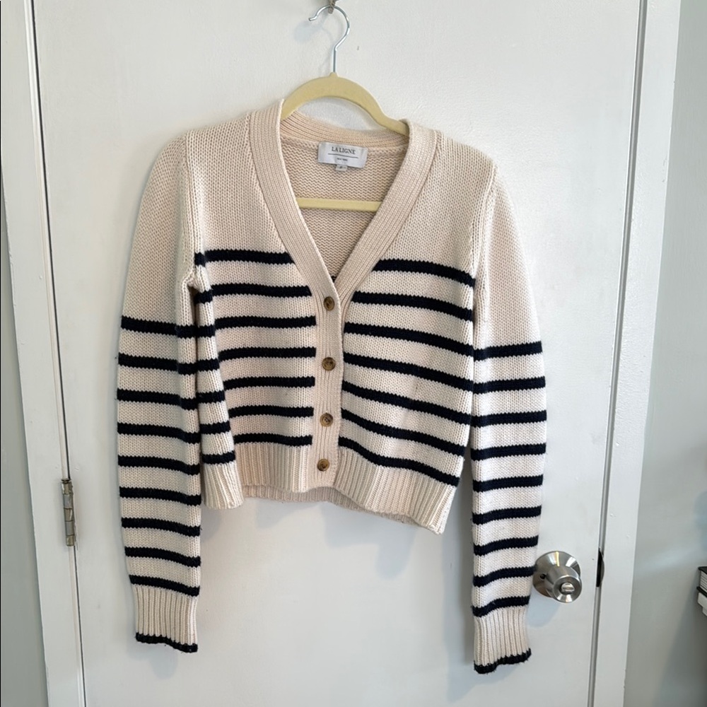 La Ligne Cream and Black Striped Cropped Cardigan